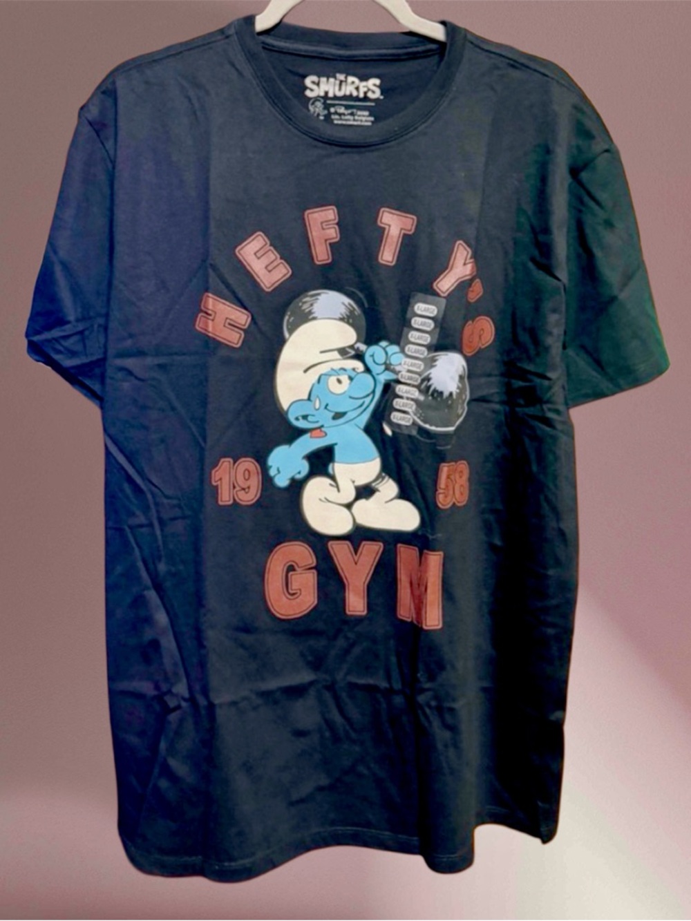 Black Graphic Tee - Smurf’s Hefty's Gym Design NEW size XL